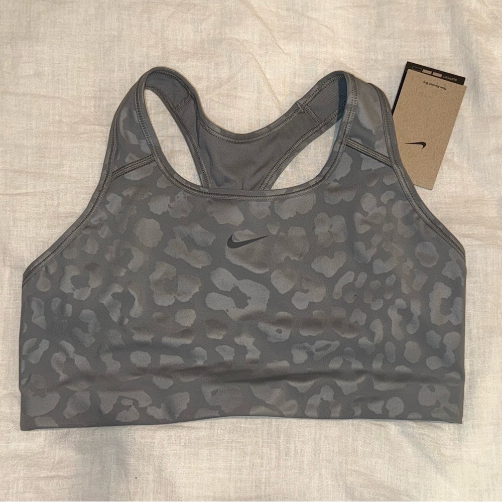 NWT Nike Swoosh Sports Bra Grey Leopard Print Racerback Size L